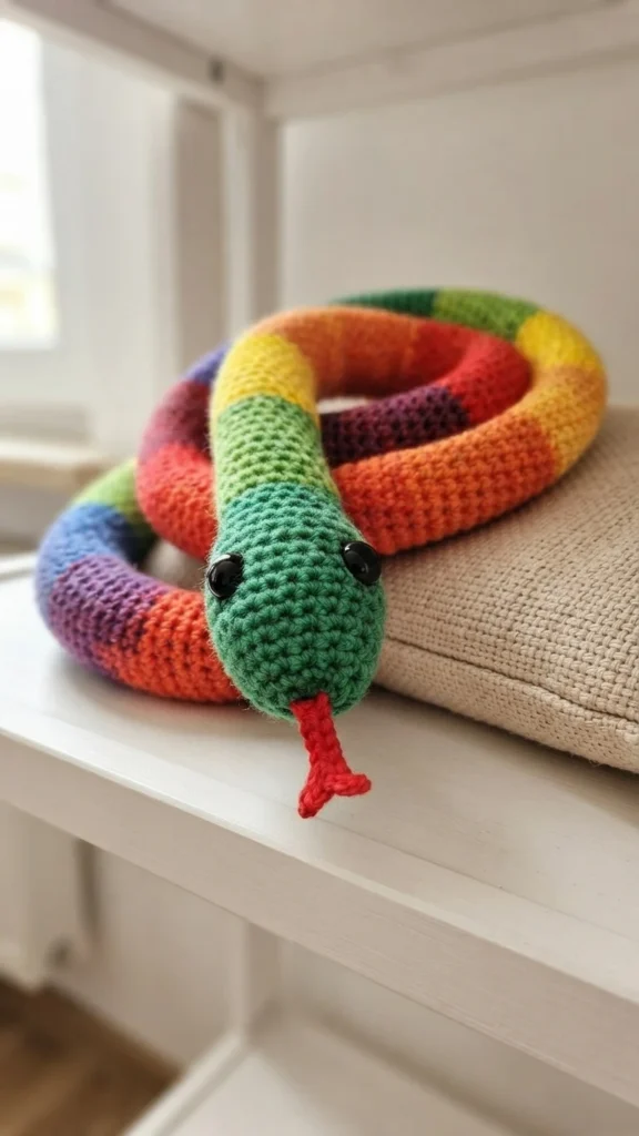 Crocheted rainbow striped snake with green head, black safety eyes and small red forked tongue, coiled on a white shelf next to a beige cushion.
