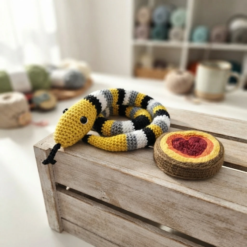 Crocheted stripey snake in yellow, black, gray and white coiled around a cake of rainbow yarn on a whitewashed wooden crate.