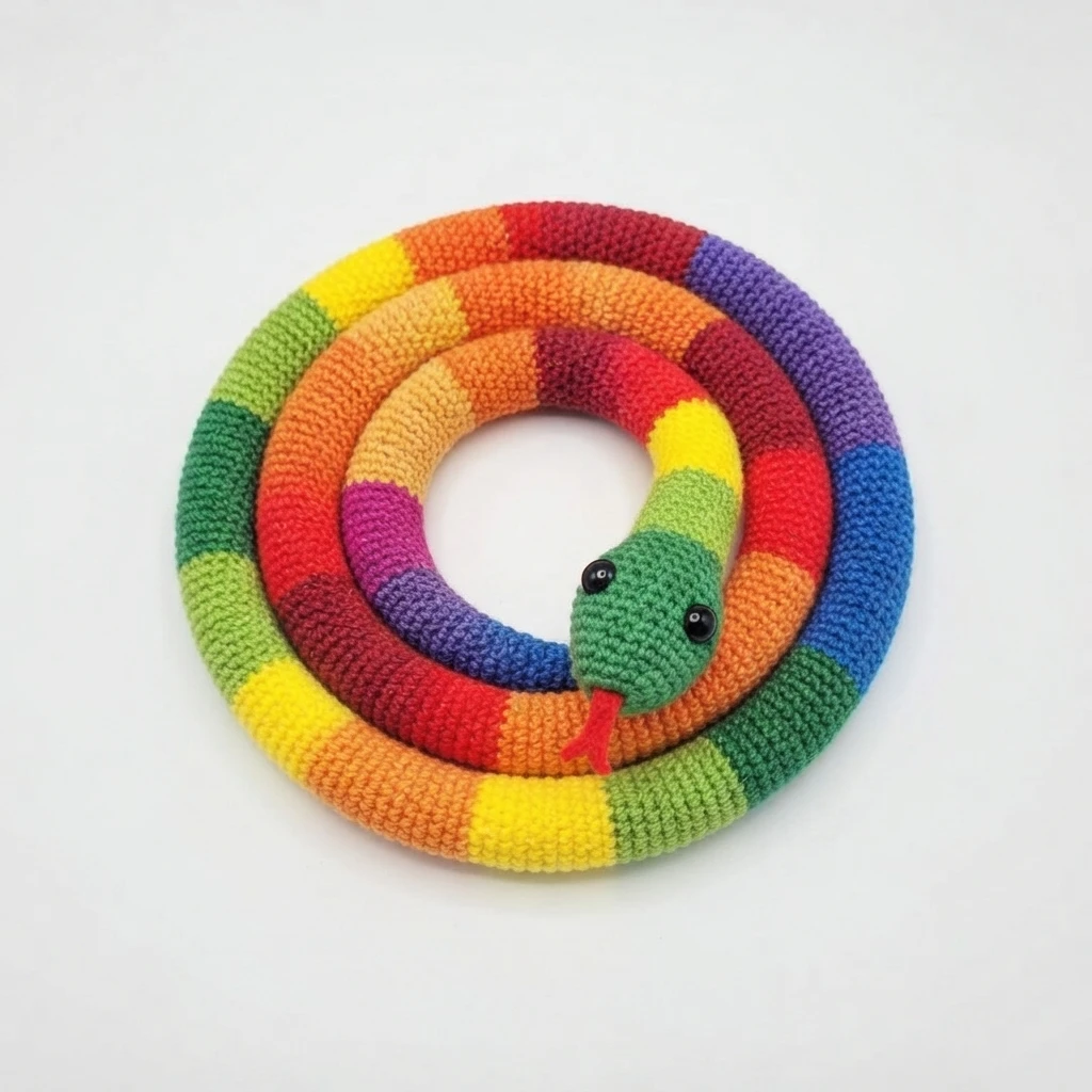 Coiled crocheted rainbow snake with green head, black eyes and red forked tongue on a white background.
