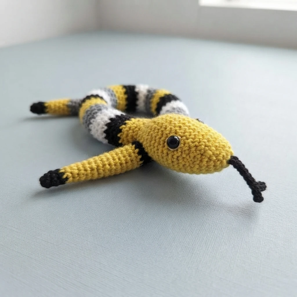 Crocheted striped snake with yellow head, black eyes and black forked tongue, coiled on a light surface.
