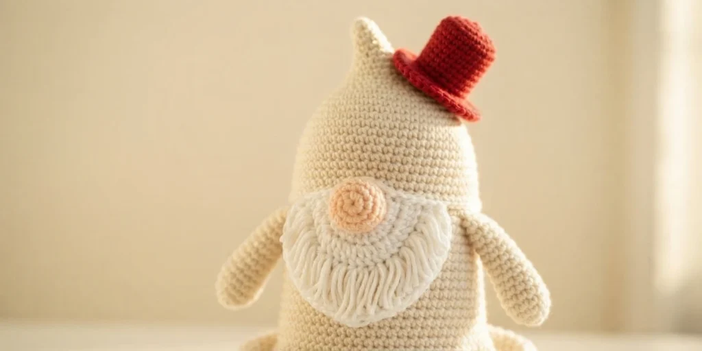 Crocheted ghost gnome with a cream pointed hat and body, a red top hat, a peach round nose, a cream yarn beard and two arms, photographed against a warm beige background.