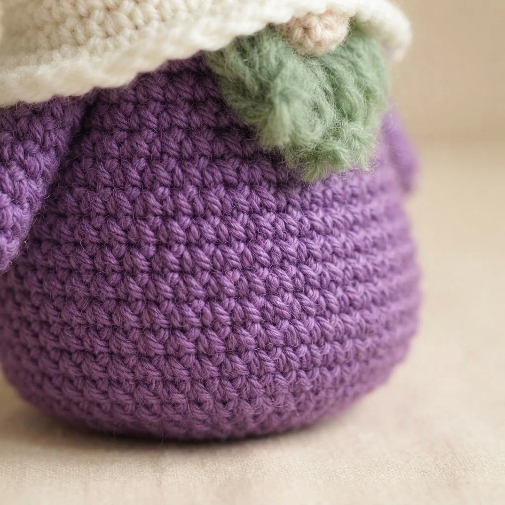Close-up of a purple crocheted amigurumi body worked in continuous rounds, with a white brim and a few green yarn strands visible at the top edge.