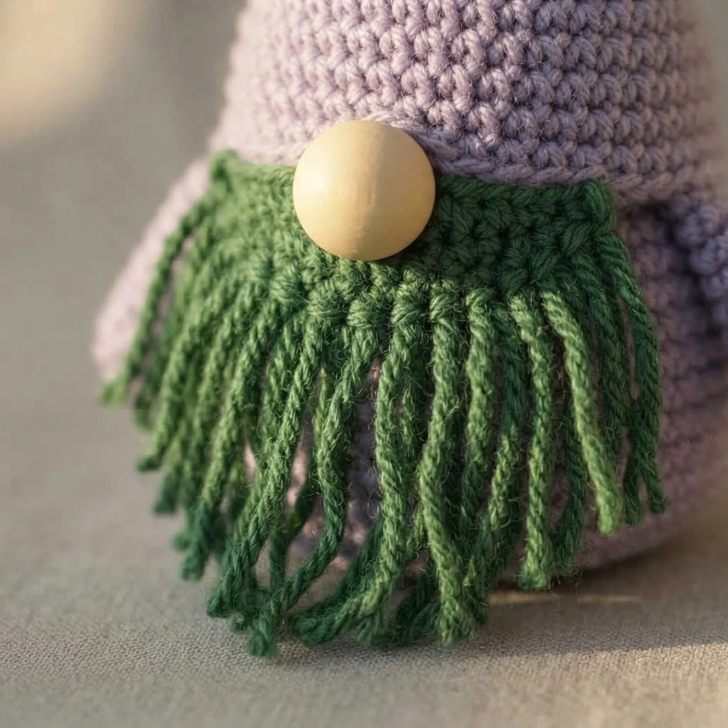 Close-up of a crocheted gnome beard made of long green yarn fringe hanging over a lavender crocheted body, with a smooth wooden bead nose at the top of the beard.