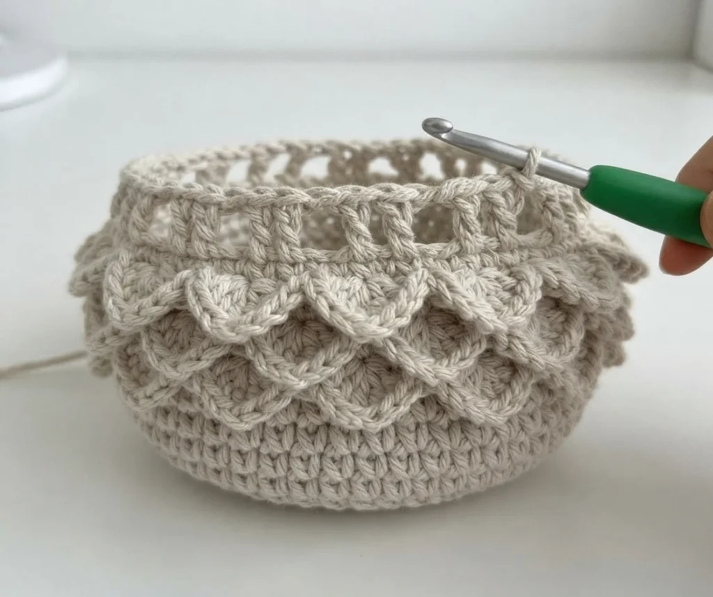 Ecru crochet bag in progress with crocodile stitch scales and a green-handled crochet hook in its open top
