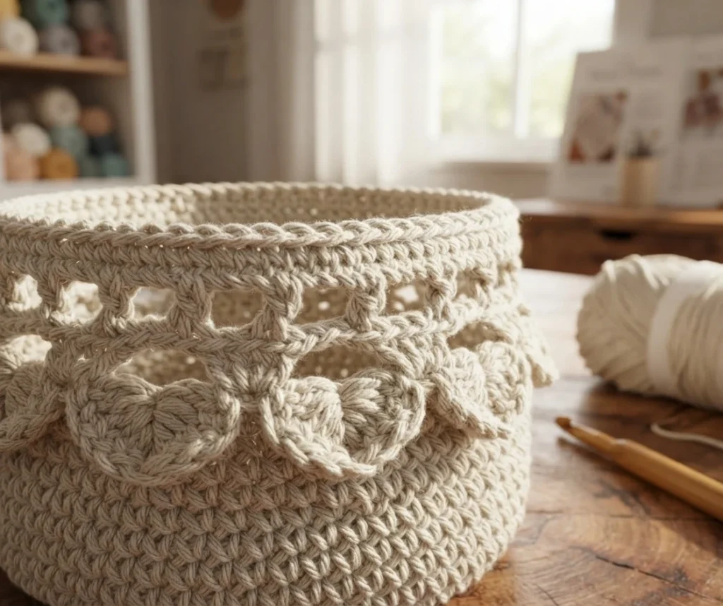 Close-up of an ecru crochet bag in progress with crocodile stitch scales, beside a ball of yarn and a wooden hook on a wooden table.