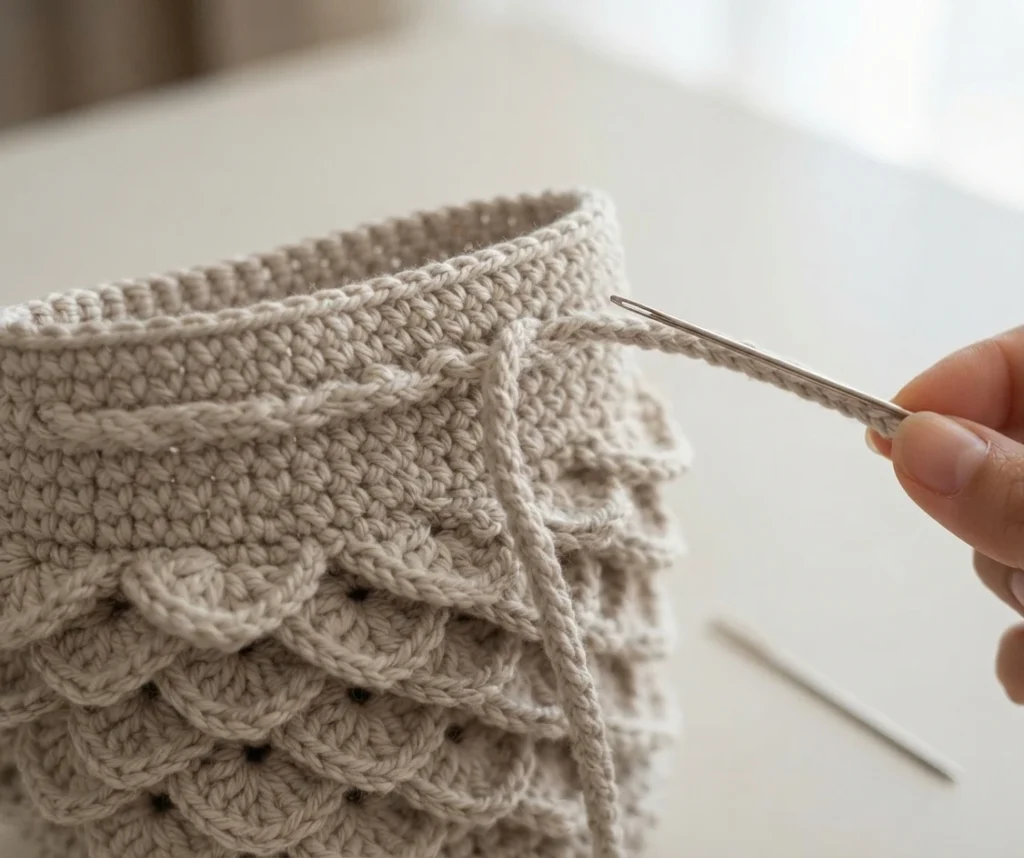 Close-up of a hand using a yarn needle to thread a beige drawstring cord through the top edge of a beige crocodile-stitch crochet bag.