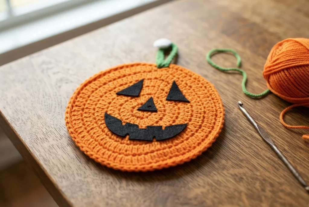 Crocheted orange pumpkin potholder with a black felt jack-o'-lantern face, a green stem topped with a white pom-pom, resting on a wooden table beside an orange yarn ball, a metal crochet hook and a strand of green yarn.
