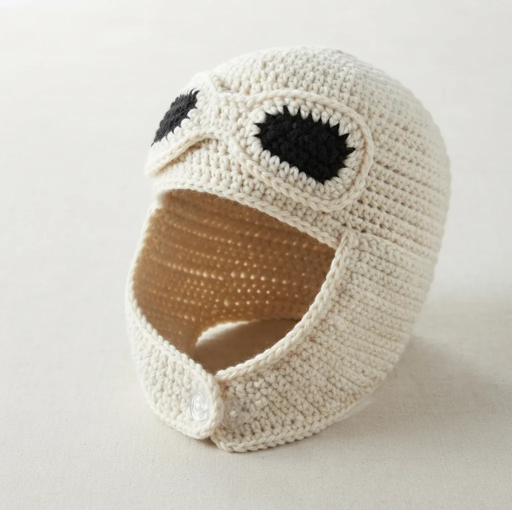 Cream crochet hat with black goggles and a chin strap closed with clear buttons, shown on a light background