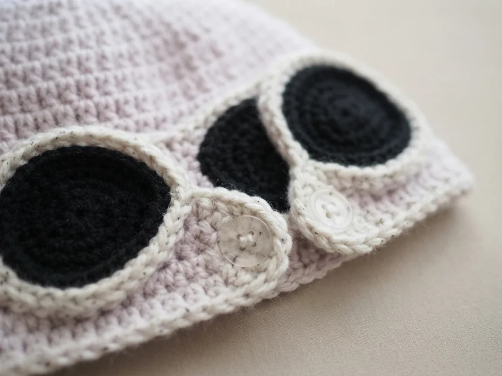 Close-up of a pale crochet hat with black goggle pieces edged in cream and clear buttons