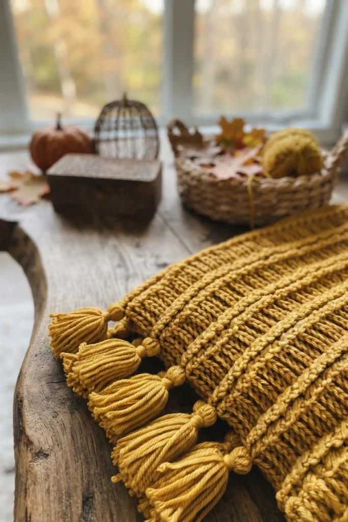 Mustard yellow crocheted blanket with a textured grid stitch and tassels, draped over a rustic wooden table beside a window, with a basket of autumn leaves, a small pumpkin, a decorative wire cage and a ball of yarn in the background.