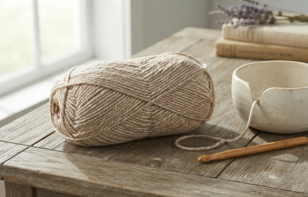 A ball of light beige yarn on a rustic wooden table next to a wooden crochet hook, a speckled ceramic bowl, dried lavender and stacked books near a bright window.