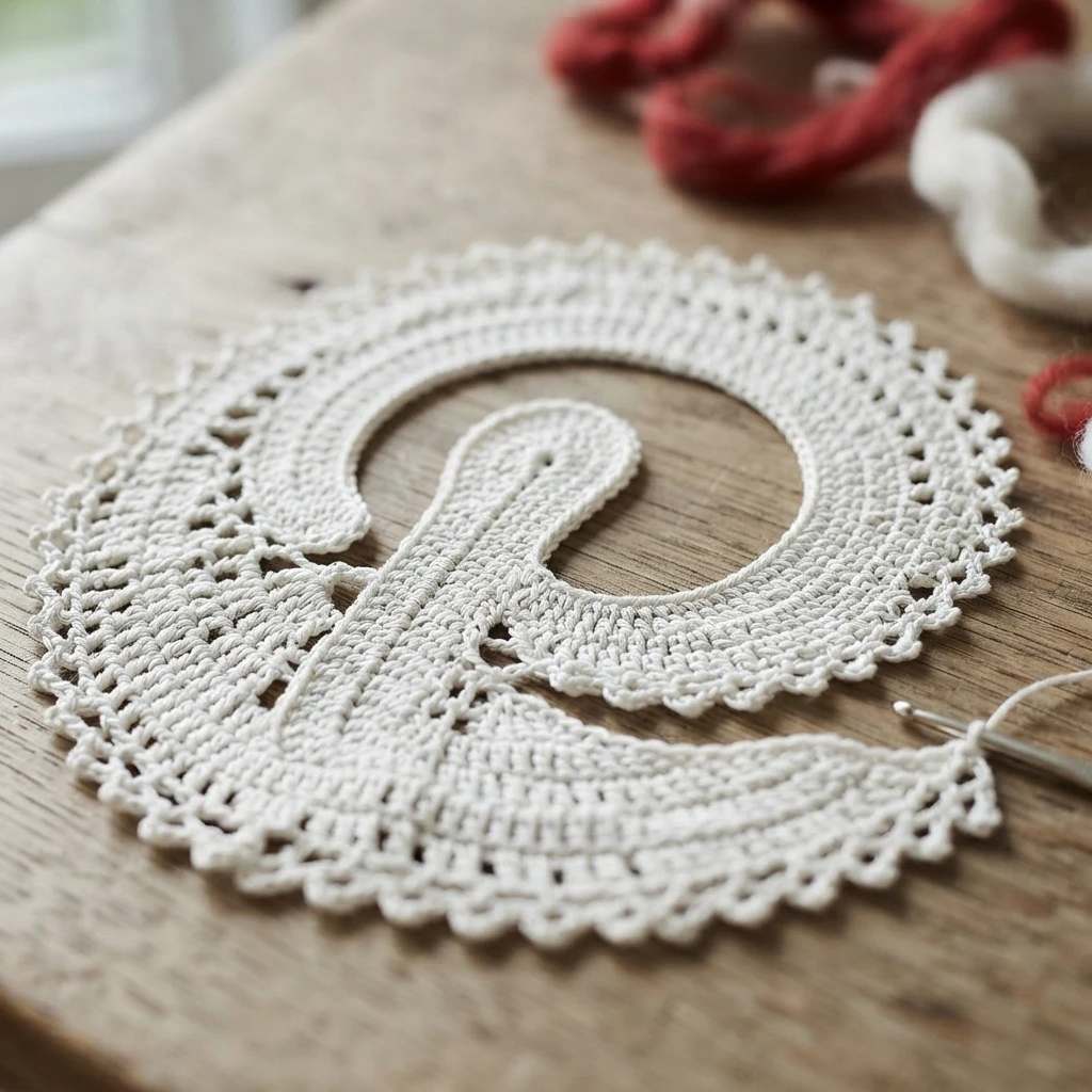 White crocheted doily shaped like the Pinterest P logo lying on a wooden table, with a crochet hook and balls of red and cream yarn in the background.