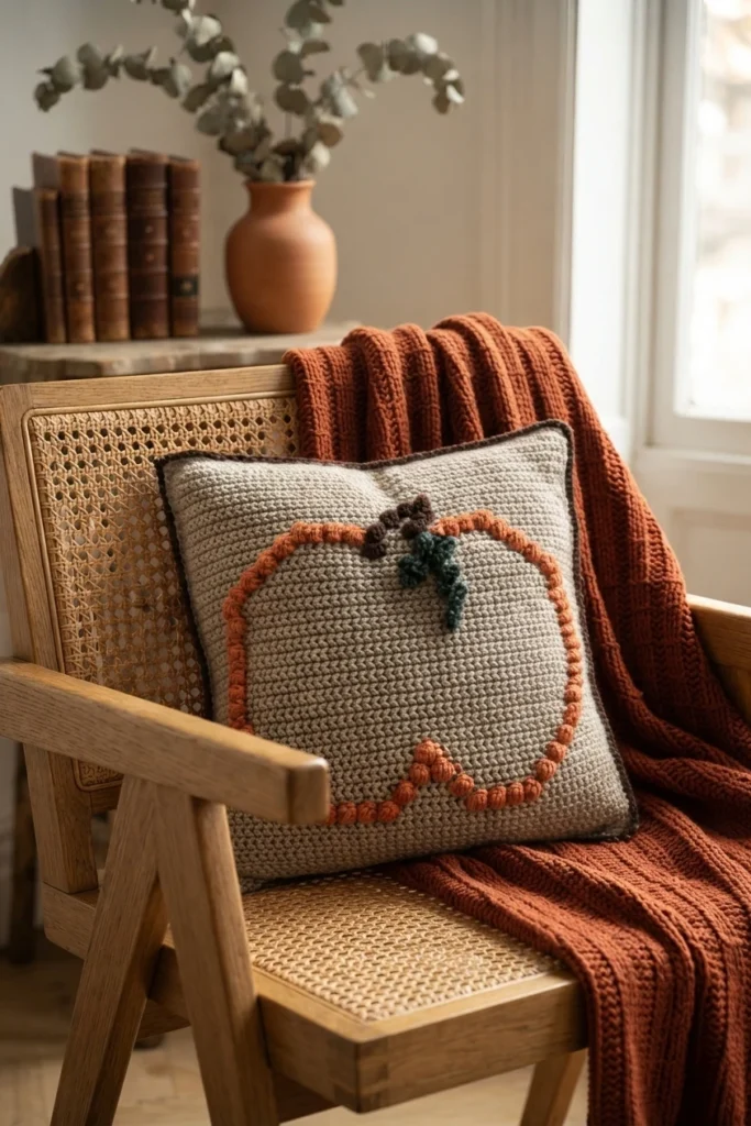 Crochet pumpkin pillow with a beige textured front, orange outline forming the pumpkin shape, a dark brown stem and green leaves, resting on a rattan chair beside a rust coloured crochet blanket.