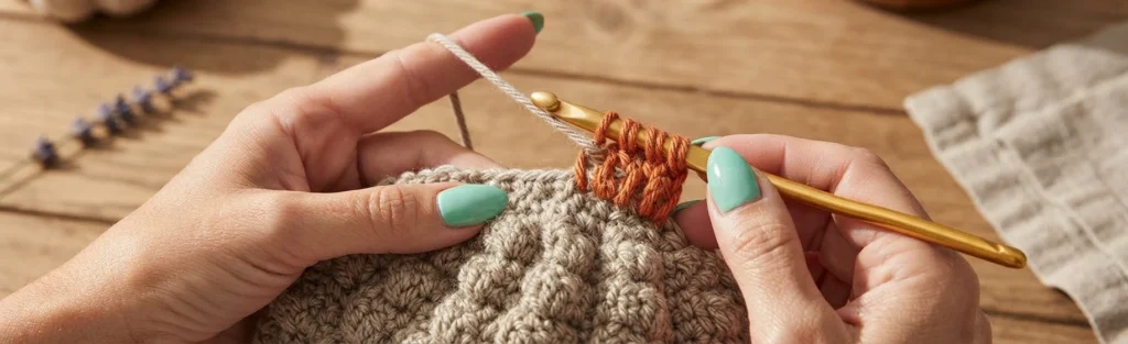 Close-up of two hands with green nail polish holding a gold crochet hook, forming orange yarn loops over a beige crocheted fabric with a raised bobble texture on a wooden table, with blurred yarn and a folded cloth in the background.