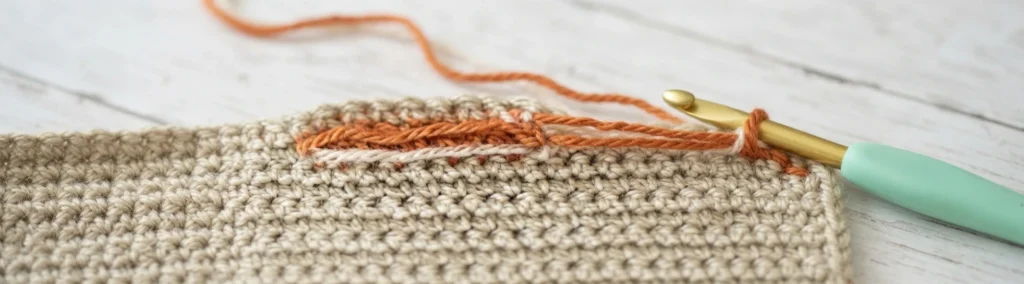 Close-up of a crochet hook with a mint handle working orange yarn along a row of tan single crochet fabric on a white wood surface, with a loose orange strand trailing away.