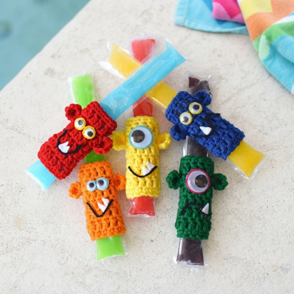 Five colorful crochet monster ice pop holders in red, orange, yellow, blue and green with googly eyes and white felt teeth, each around a frozen ice pop on a light stone surface