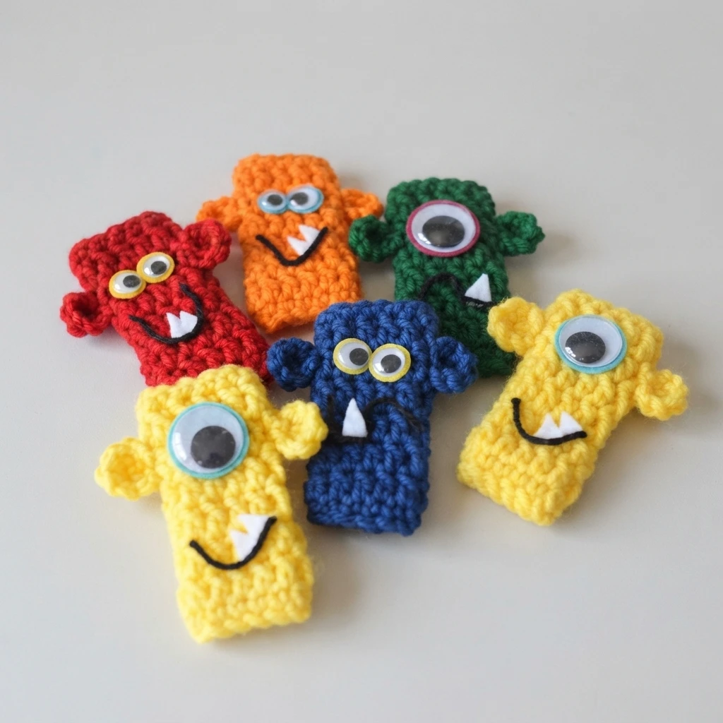 Six colorful crochet monster ice pop holders in red, orange, green, blue and yellow with googly eyes, felt teeth and small ears on a light background