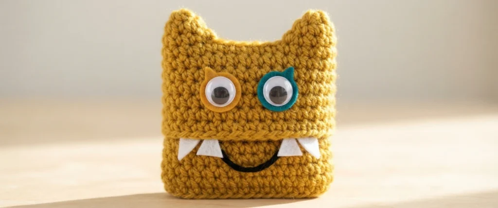 Mustard yellow crochet monster ice pop holder with pointed ears, two googly eyes on felt backings, white felt teeth and a black smile