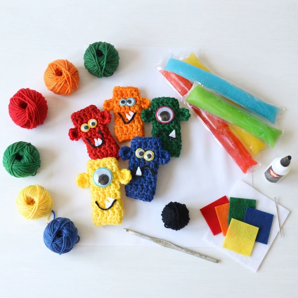 Five crochet monster ice pop holders in red, orange, yellow, blue and green with googly eyes and white teeth, surrounded by yarn balls, felt squares, a crochet hook, glue and colorful ice pops