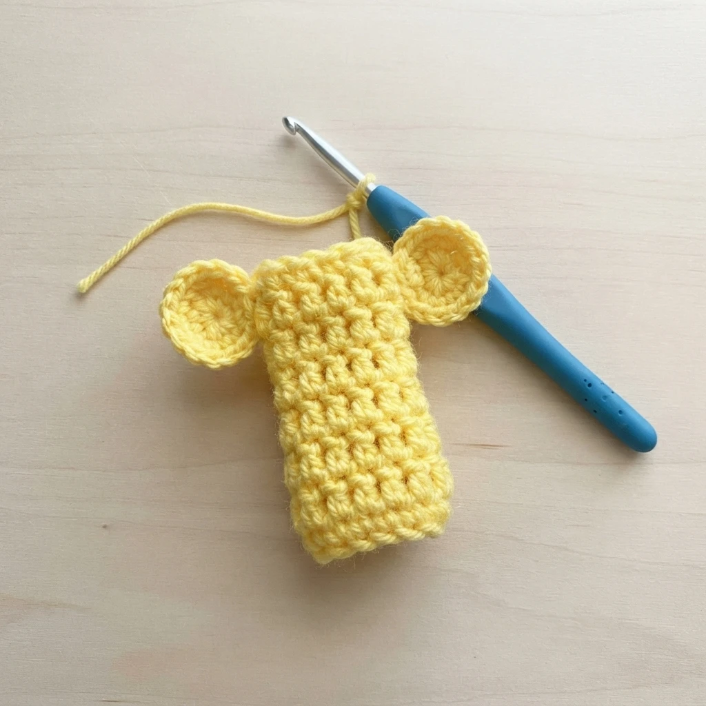 Yellow crocheted ice pop holder base with two round ears attached, beside a blue handled crochet hook on a light wood surface