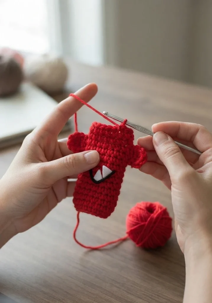 Hands crocheting a red monster ice pop holder with a black mouth and white triangular teeth, holding a crochet hook with red yarn nearby