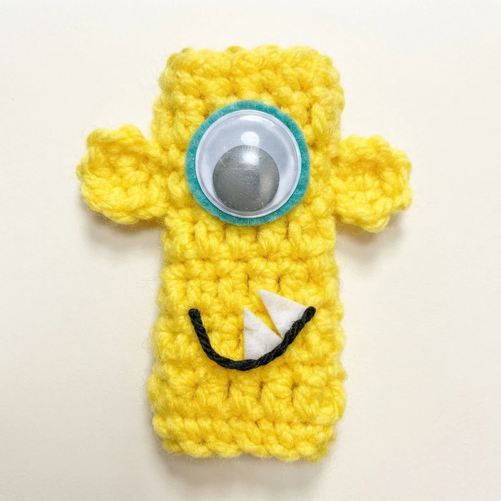Yellow crochet monster ice pop holder with side ears, one large googly eye on teal felt, a curved black mouth and two white felt teeth