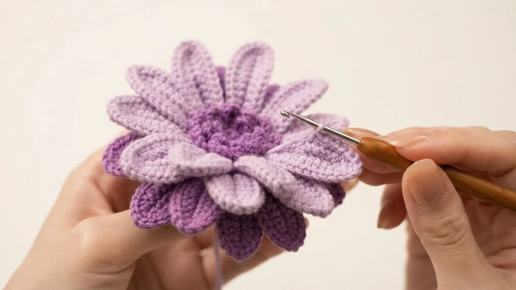 Hands holding a crocheted purple gerbera flower head with a wooden-handled crochet hook touching one petal