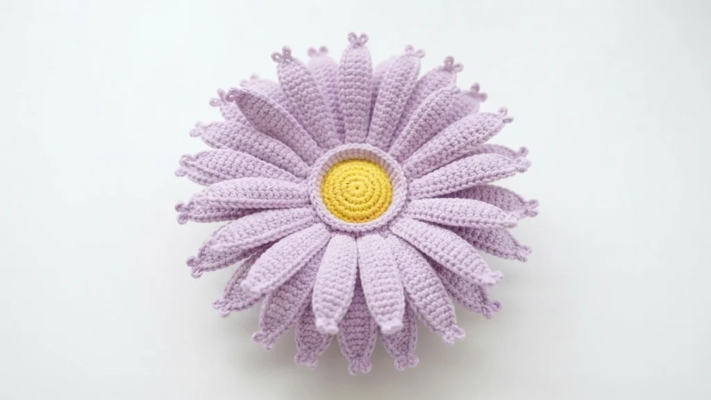 Finished crocheted gerbera daisy in light purple with a yellow crocheted center, photographed from the back of the petals