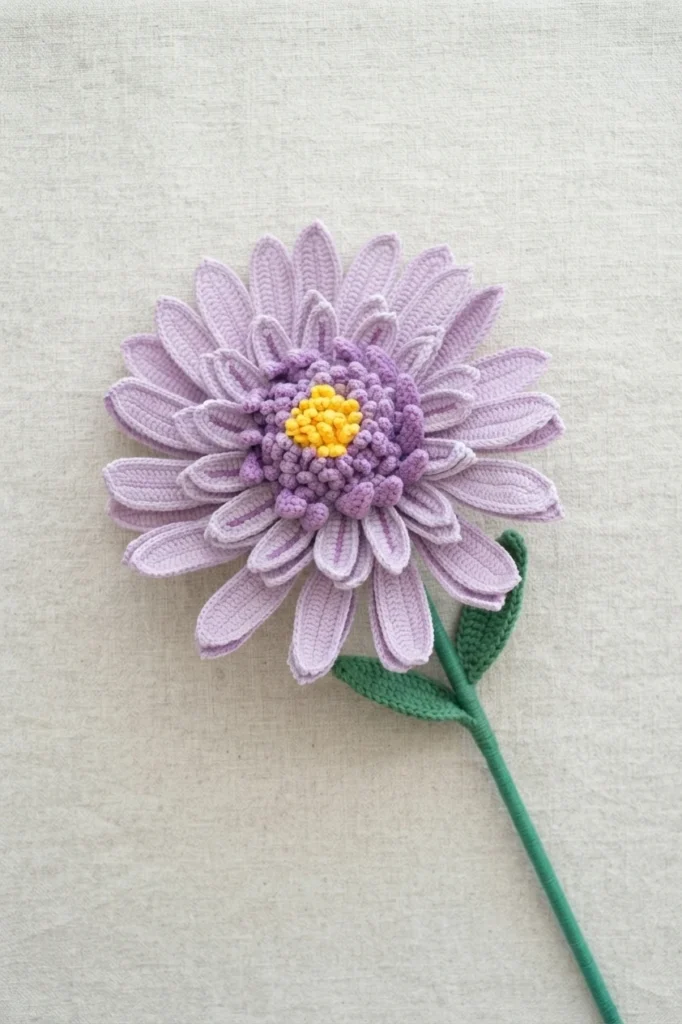 Crocheted light purple Gerbera daisy with layered petals, purple bobble centre with yellow middle, green stem and two green leaves on beige fabric