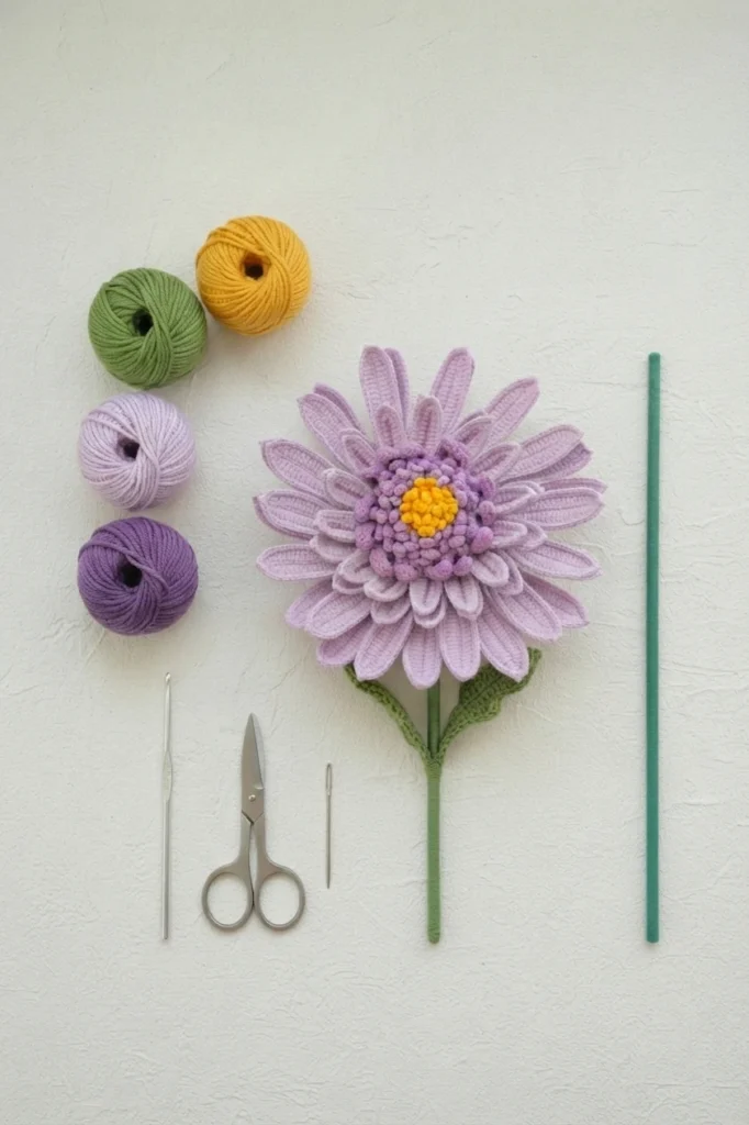 Flat lay of a purple crochet gerbera daisy with a green stem beside yarn balls, a crochet hook, scissors, a needle and a green rod on a white surface.