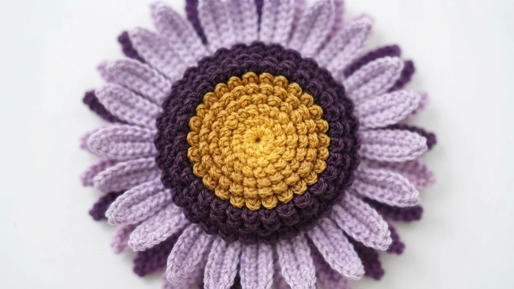Top-down view of a crocheted gerbera daisy flower center with a yellow middle ring, dark purple outer ring and layered light purple petals