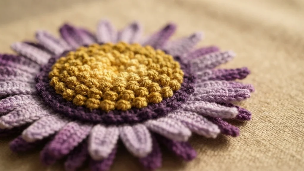 Close-up of a crocheted flower center with a textured yellow middle, a dark purple ring and light purple looped petals on beige fabric.