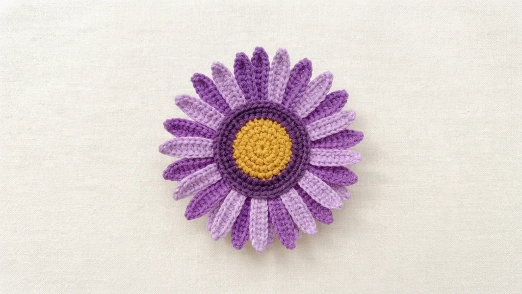 Top-down view of a crocheted gerbera daisy with yellow center, dark purple ring and alternating light and dark purple petals on off-white fabric