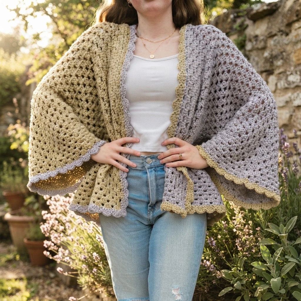 A person models an open granny hexagon crochet cardigan with a beige side, a pale gray-lilac side, and contrasting scalloped edging outdoors.