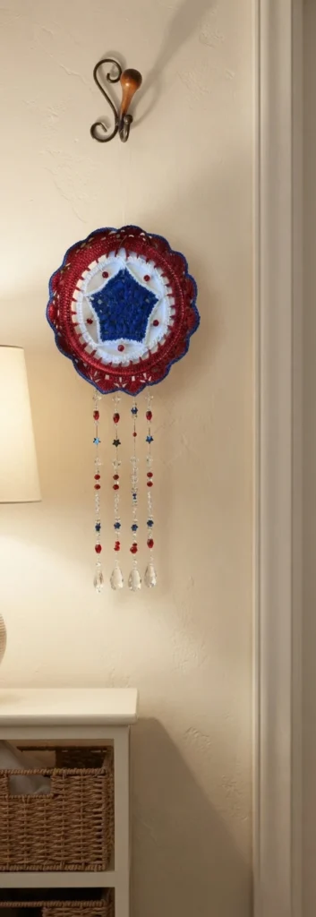 Red, white and blue crochet mandala with a blue star center and hanging bead strands, displayed on a wall hook indoors.