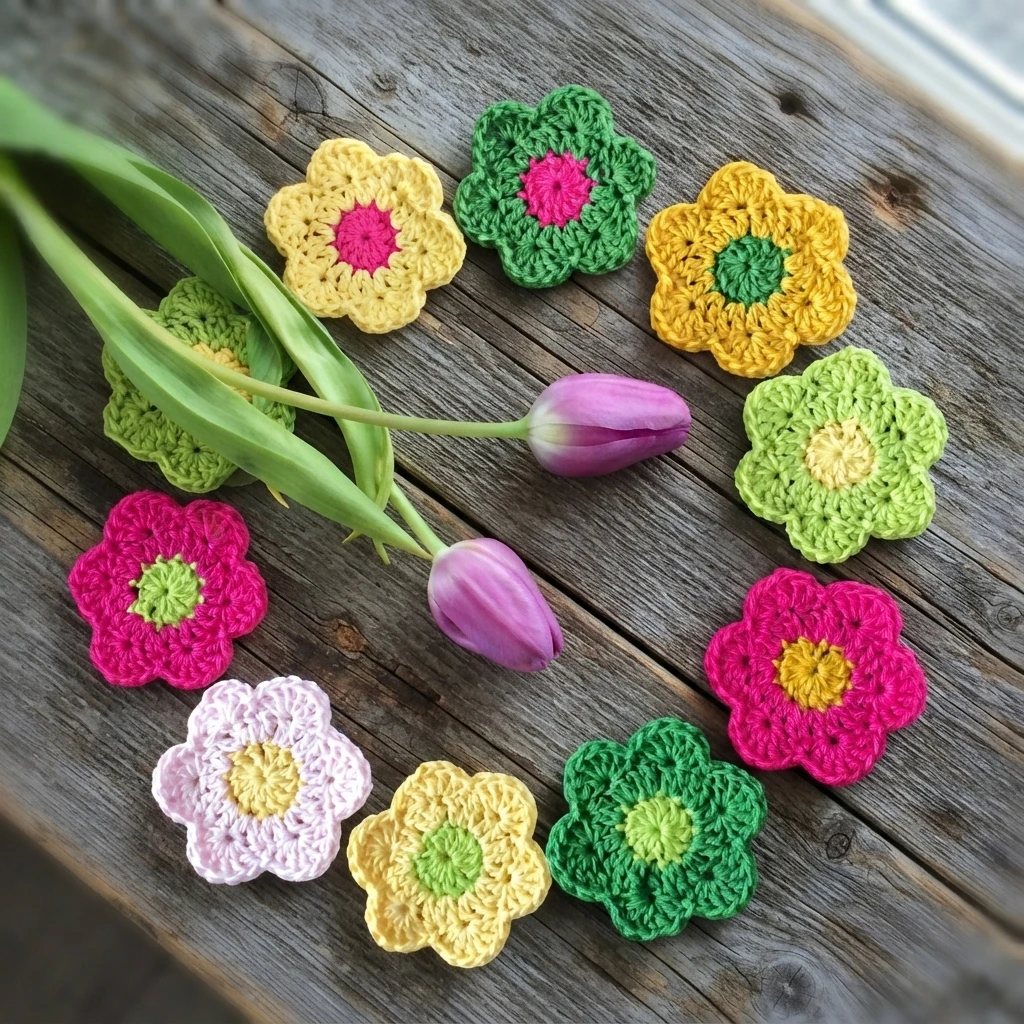 Colorful crocheted flowers in pink, yellow and green arranged in a circle around two purple tulips on a wooden surface