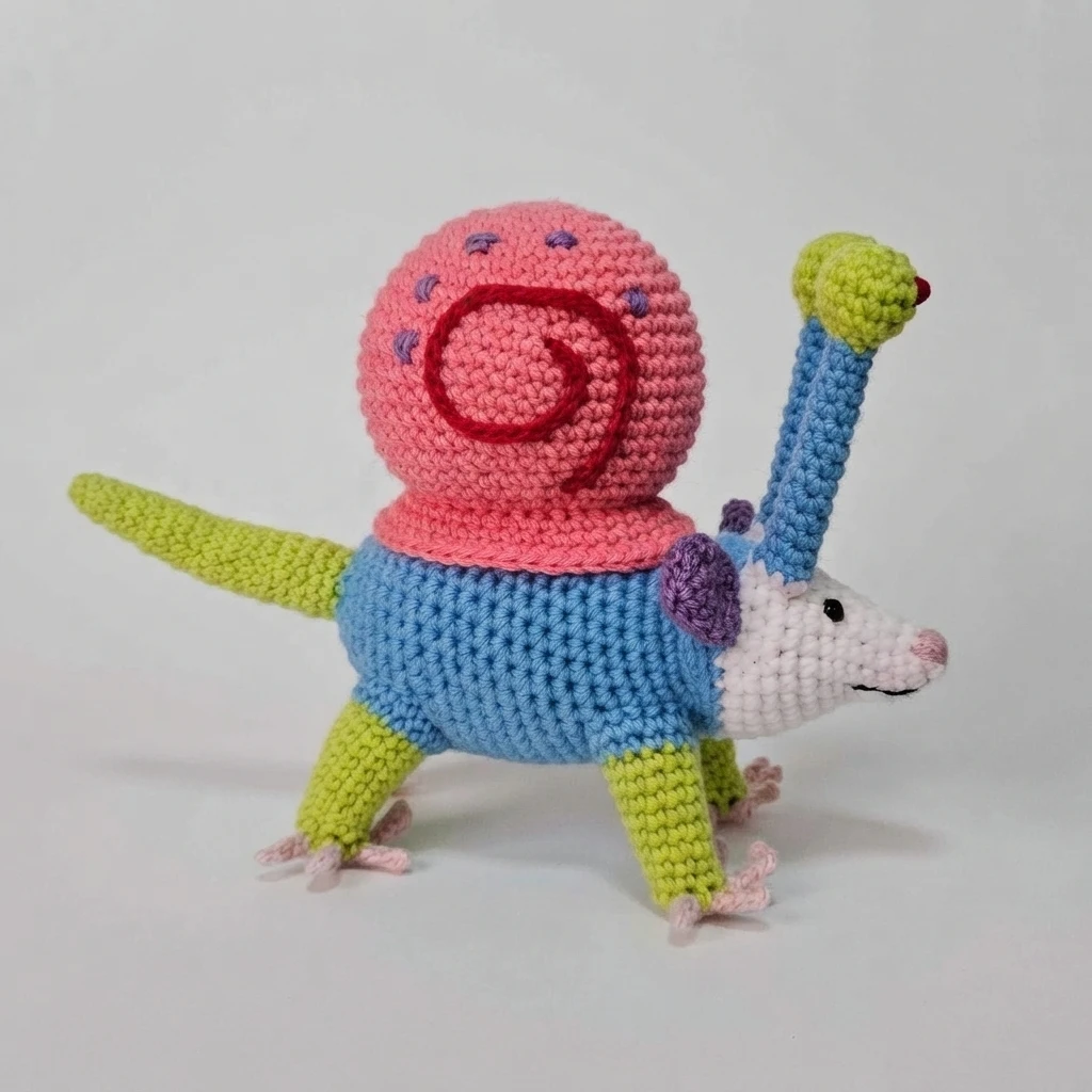 A crocheted blue possum with a white snout, green legs and tail, and a pink shell with purple spots and a tall eyestalk.