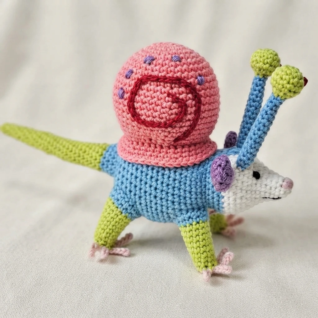 A crocheted blue possum with a white snout, green limbs and eye stalks, and a pink shell with purple spots.