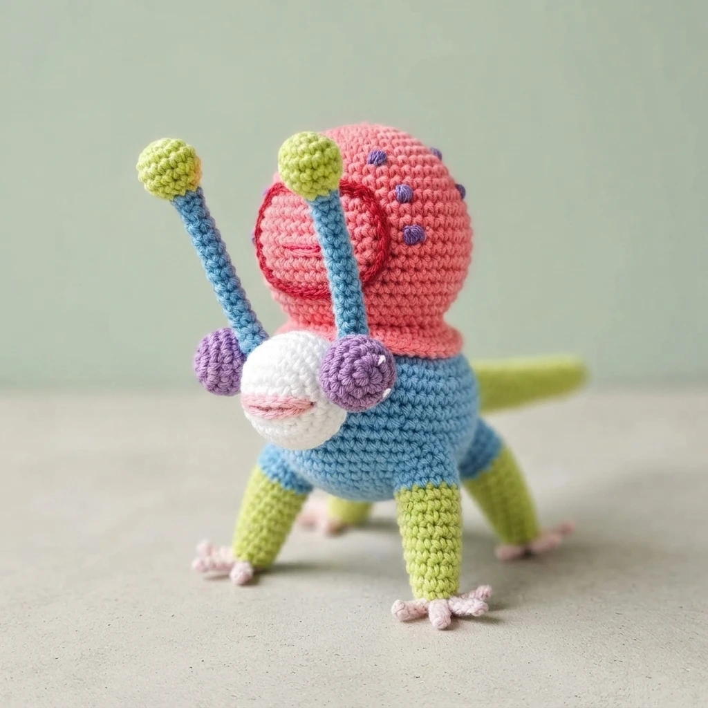 Finished crocheted snail-opossum with a blue body, pink spotted shell, green legs and eye stalks, purple details, and a white snout.