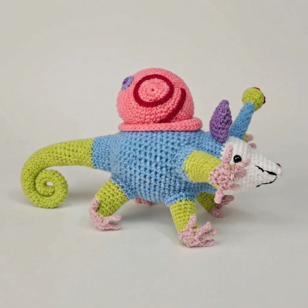 A finished crocheted blue and green opossum with a white face, pink feet, a curled green tail, and a pink snail shell on its back.