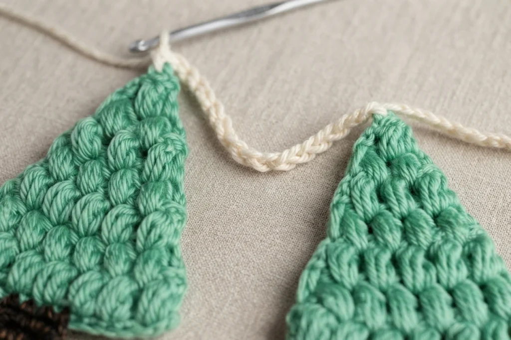 Two flat crochet Christmas trees in green with dark brown trunks joined by a cream crochet chain, with a metal hook resting at the top of one tree
