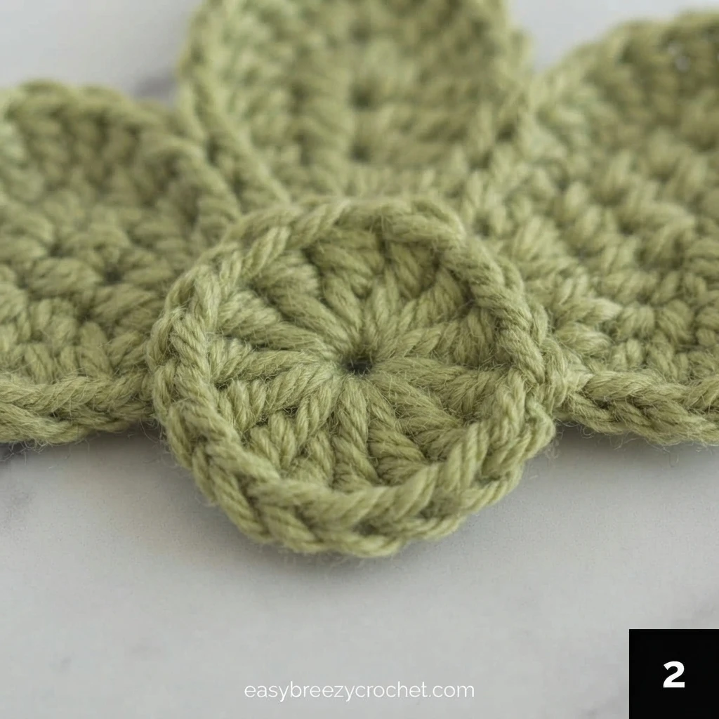 Close-up of a sage green crochet motif showing a small center ring with double crochet stitches radiating outward, surrounded by softly blurred leaf petals, with a black square badge showing the number 2.