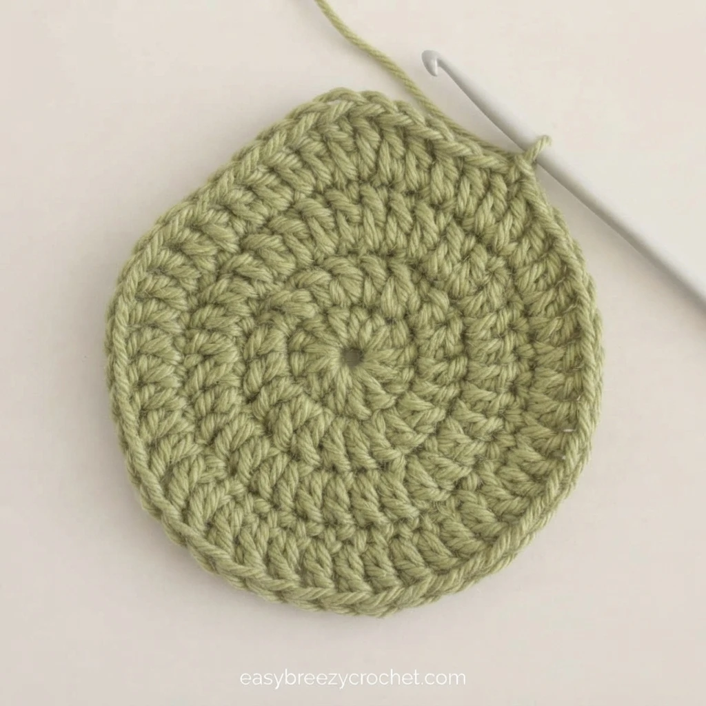 A green crocheted circle in progress on a crochet hook, worked outward from a small center ring, photographed from above on a plain light surface with a yarn tail at the edge.