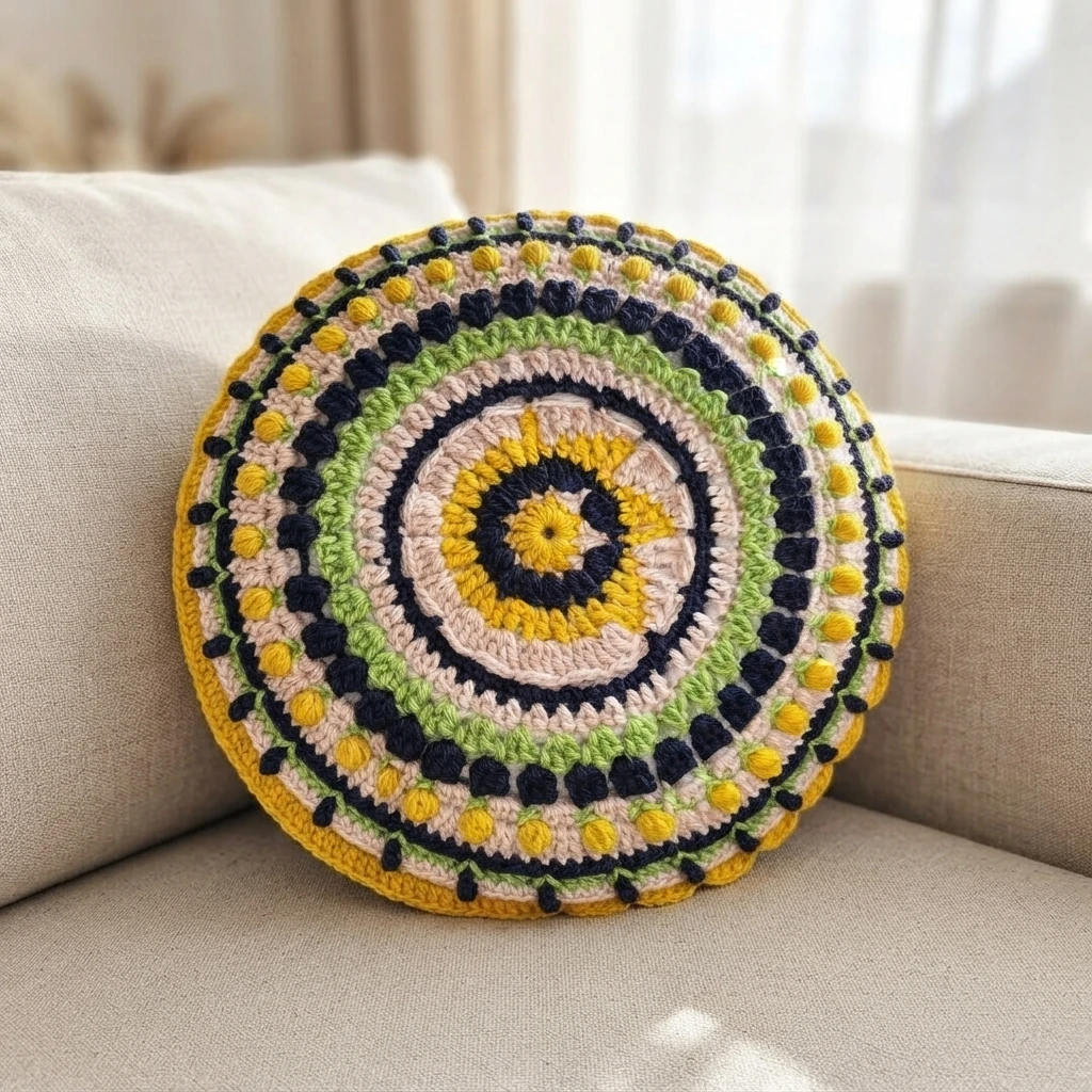 Round crochet mandala pillow in yellow, navy, green and cream resting on a light beige sofa.