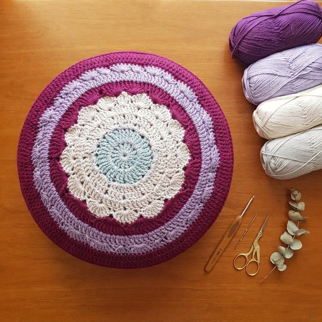 Round crochet mandala pillow in magenta, lilac and cream with a pale blue centre, beside four yarn skeins, a crochet hook, scissors and a sprig of leaves on a wooden table.
