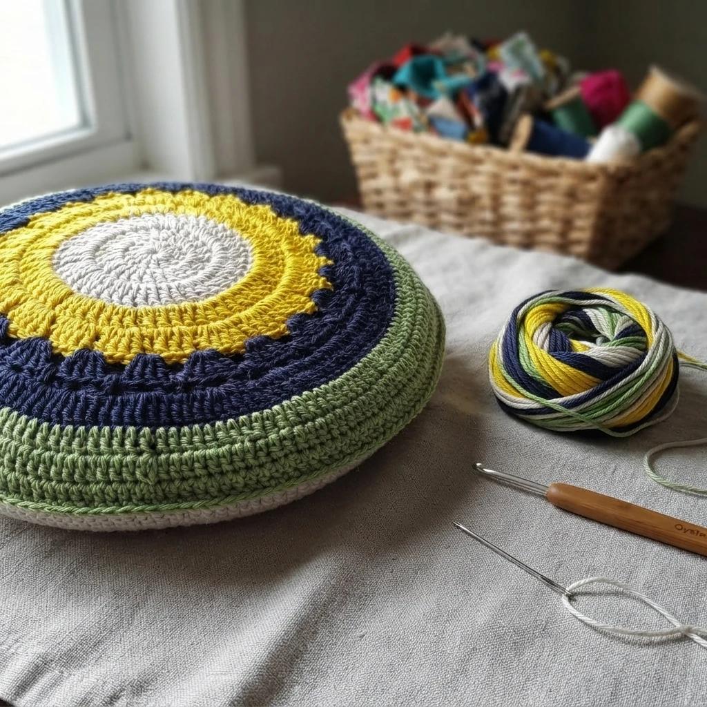 Round crochet mandala pillow in white, yellow, navy and green beside a multicolor yarn ball, a crochet hook and a needle on cloth near a basket.