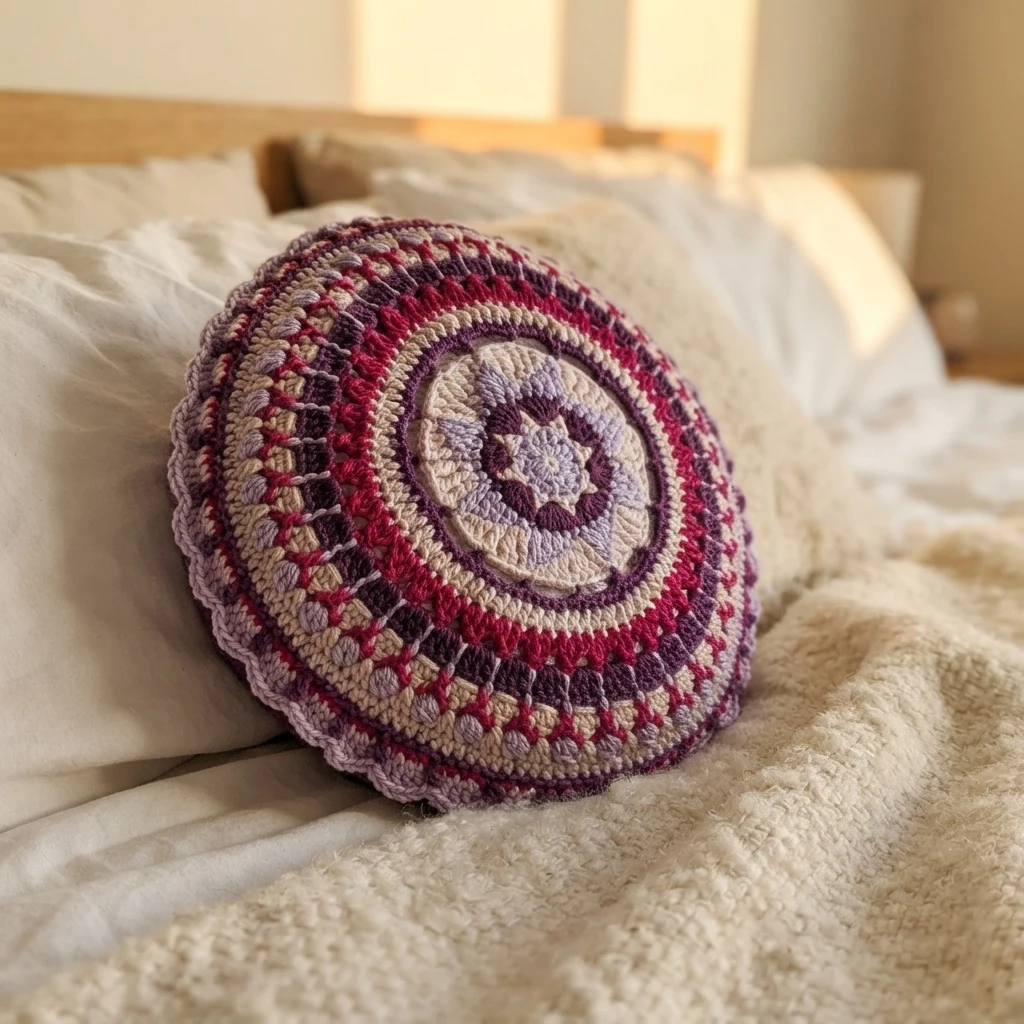 Round crocheted mandala cushion in purple, magenta and lavender rings resting on a bed with white pillows and a cream blanket.