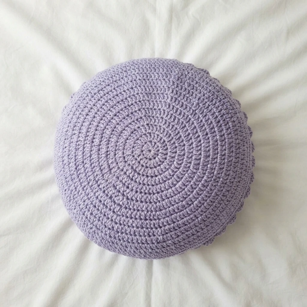 Round lavender crochet pillow backing lying flat on white fabric