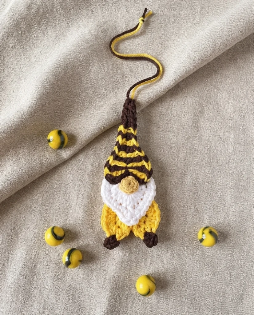 Single crocheted bee gnome ornament hanging from a brown and yellow cord, with a striped yellow and dark brown cap, white heart shaped beard, beige nose, yellow body and dark brown feet, surrounded by small yellow and black striped beads on