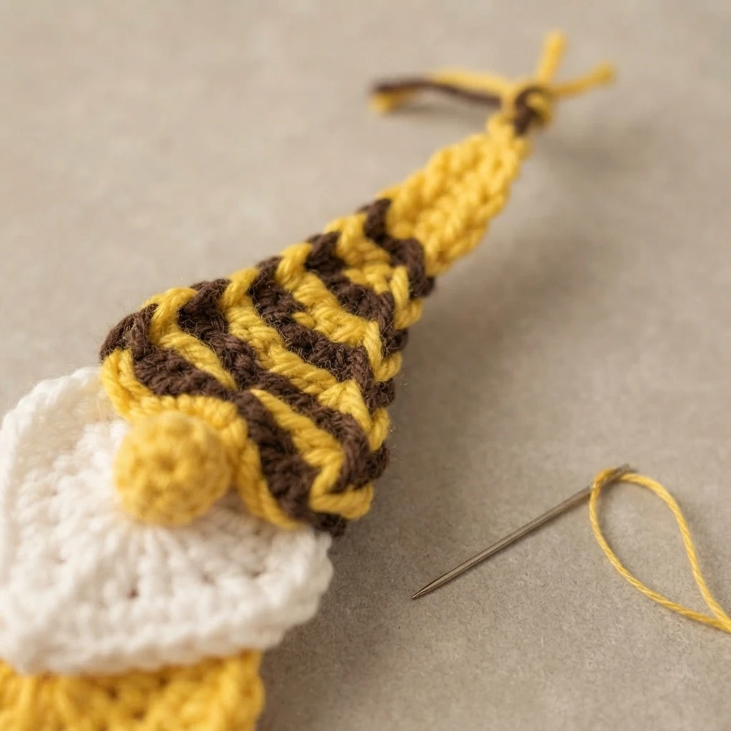 Close-up of a crocheted bee gnome with a yellow and brown striped cap, white beard and yellow nose, lying beside a sewing needle threaded with yellow yarn on a plain gray surface.